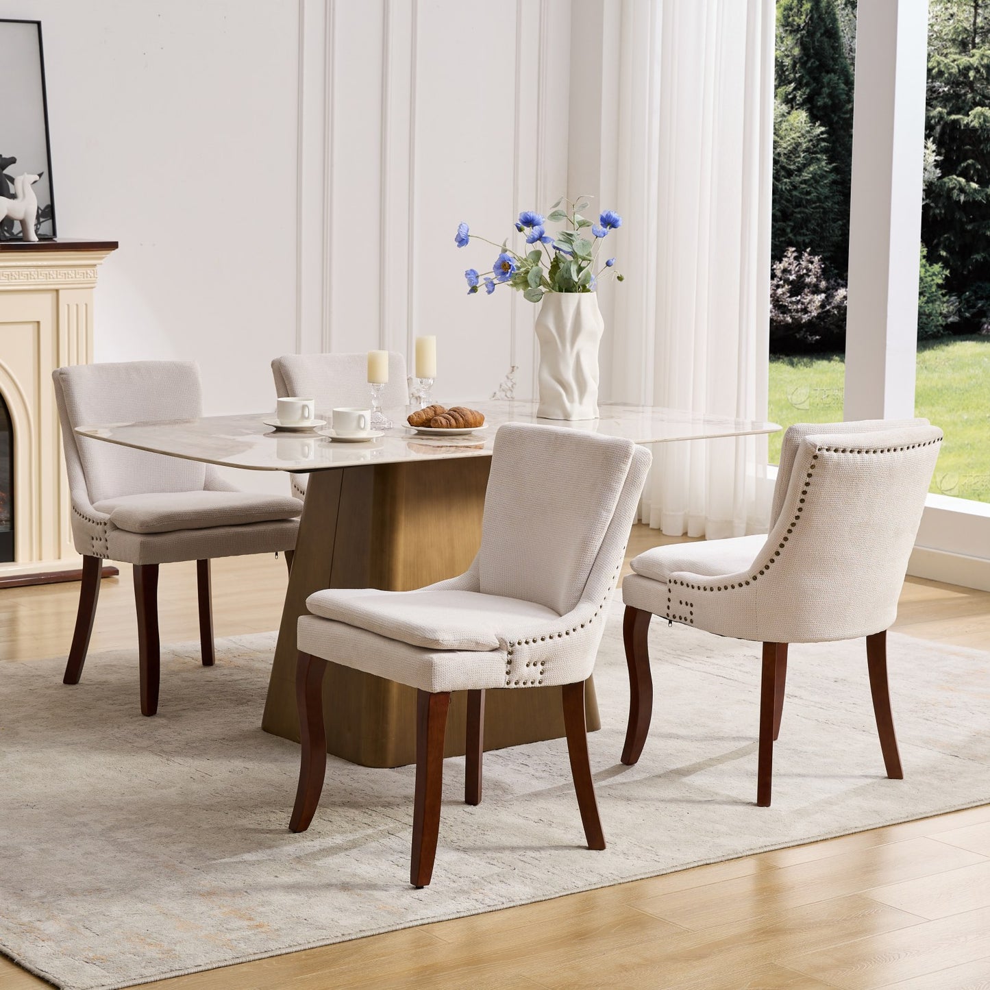 （预计12.29-1.5到货）Modern Dining Chairs Set of 2,Double-layer Cushioned Chenille fabric Upholstered Accent Side Leisure Chairs with Mid Back and Curved Solid Wood Legs for Living Room/Dining Room-Beige