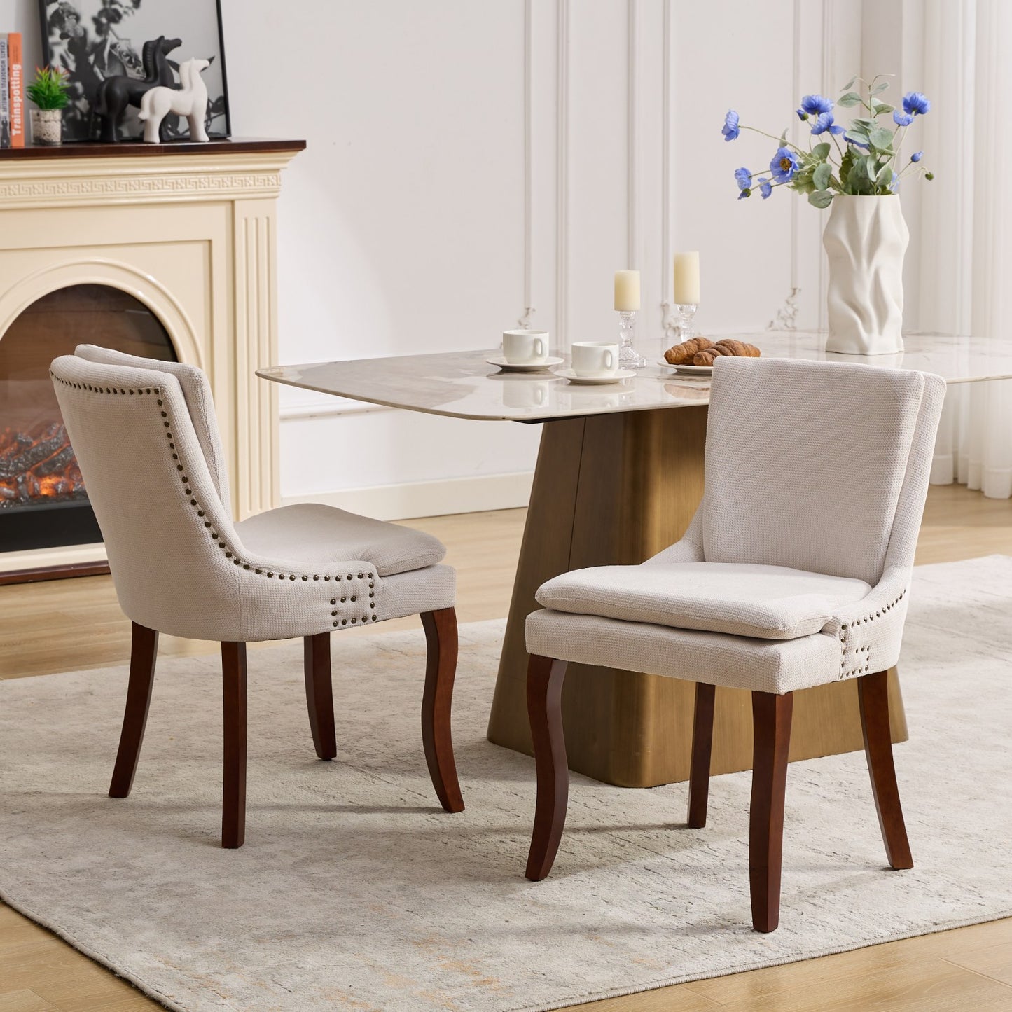 （预计12.29-1.5到货）Modern Dining Chairs Set of 2,Double-layer Cushioned Chenille fabric Upholstered Accent Side Leisure Chairs with Mid Back and Curved Solid Wood Legs for Living Room/Dining Room-Beige