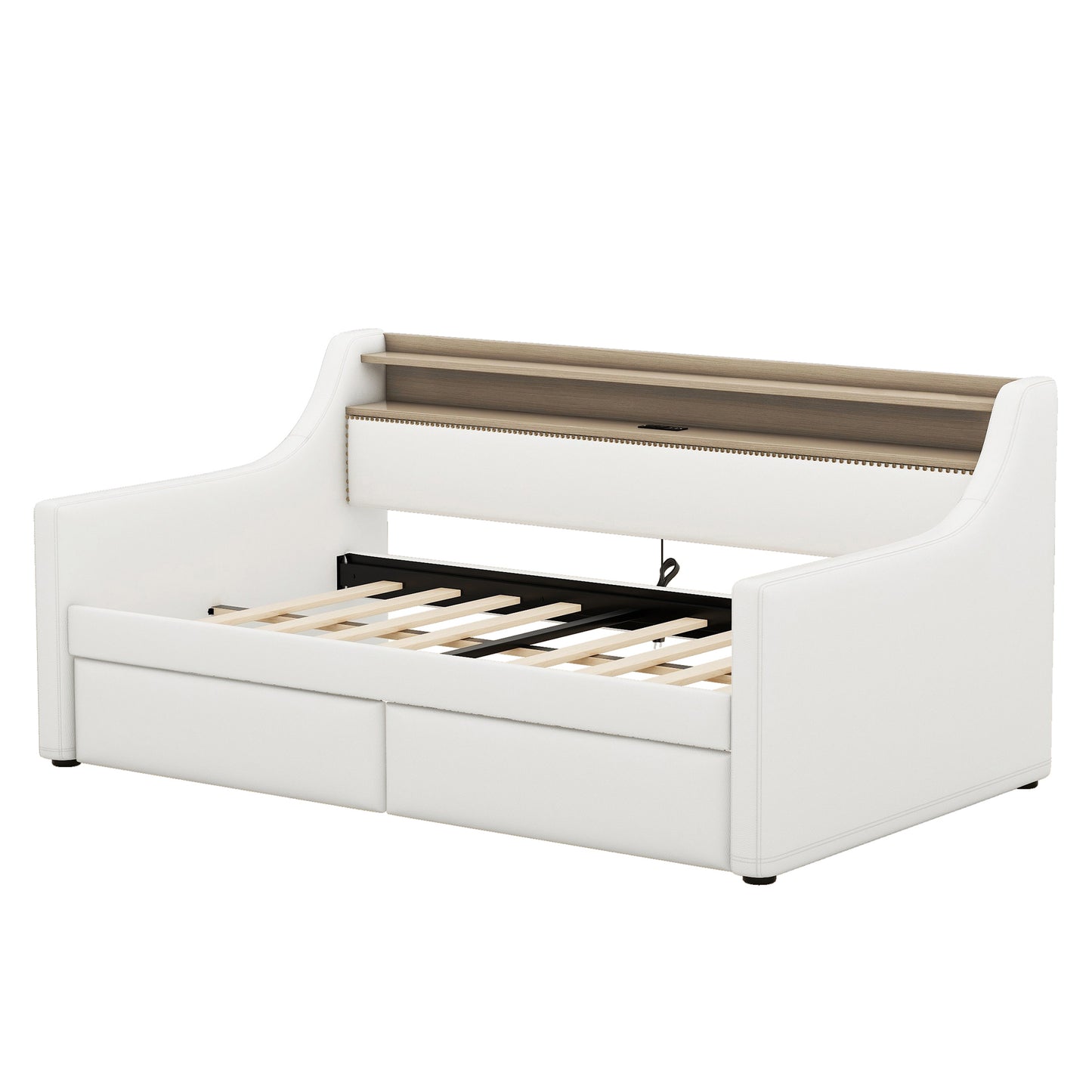 Twin Size Daybed with Storage Drawers, Upholstered Daybed with Charging Station and LED Lights, White