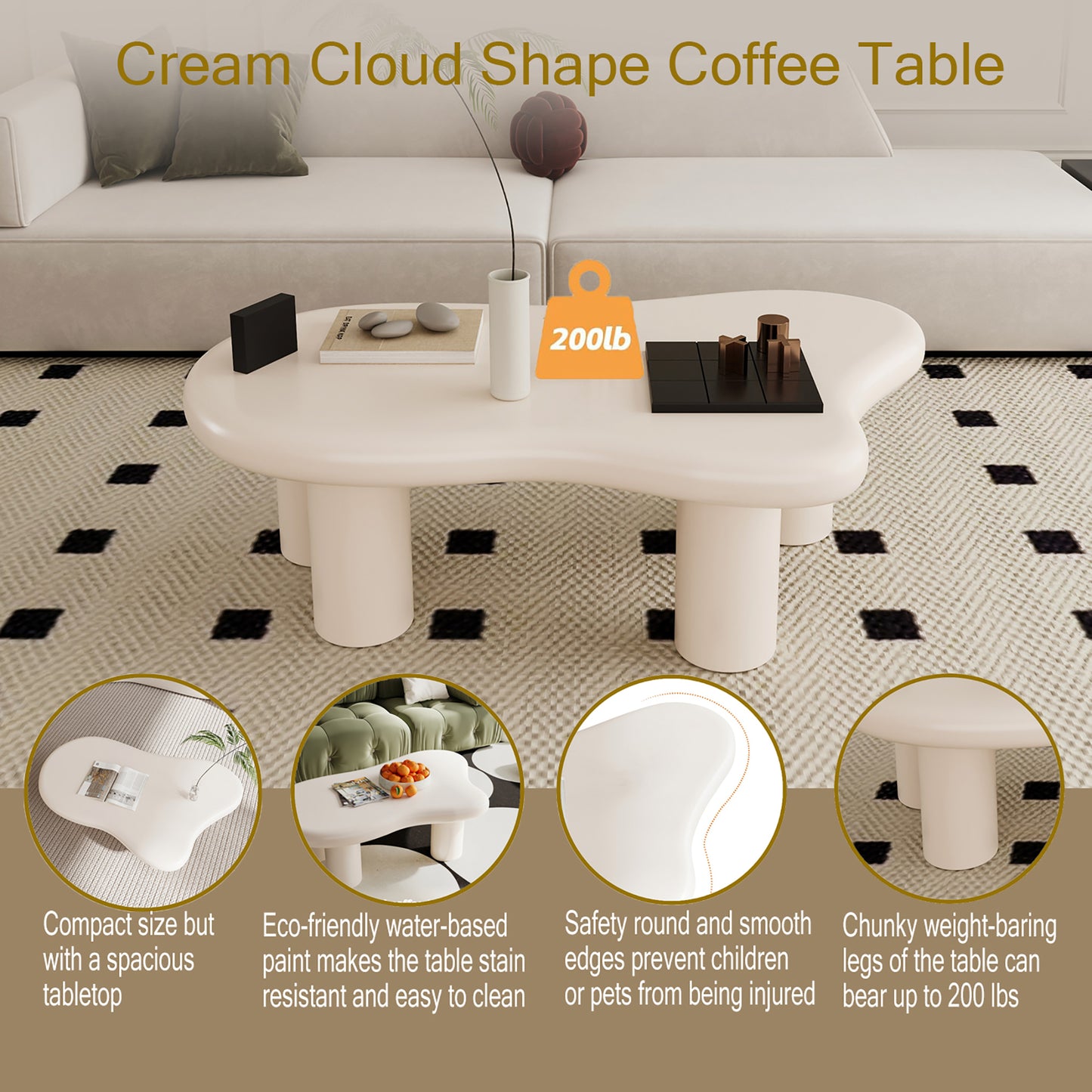 （缺货）47 Inch Cream Cloud Shaped Coffee Table for Living Room