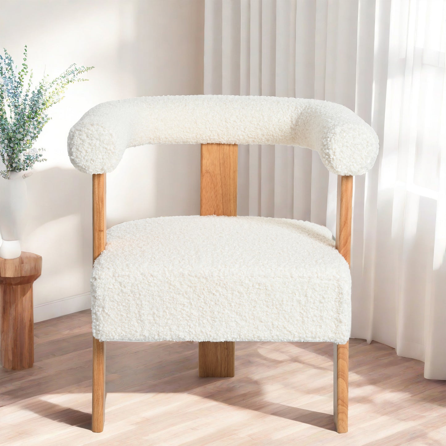 Mid-Century Modern Barrel Accent Chair, Upholstered Kitchen & Dining Room Chairs with Arms, Teddy Velvet Boucle Accent Chairs Side Chairs for Kitchen Living Room Bedroom, White