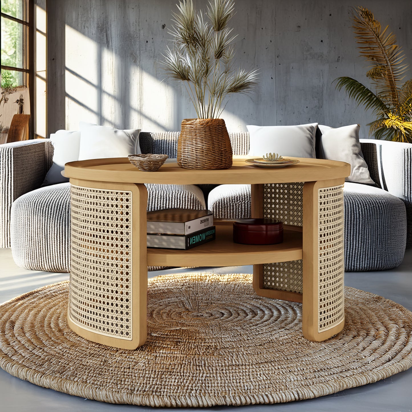 2-Tiered Round Natural Wood Coffee Table with Storage Rattan Base in 31.3''