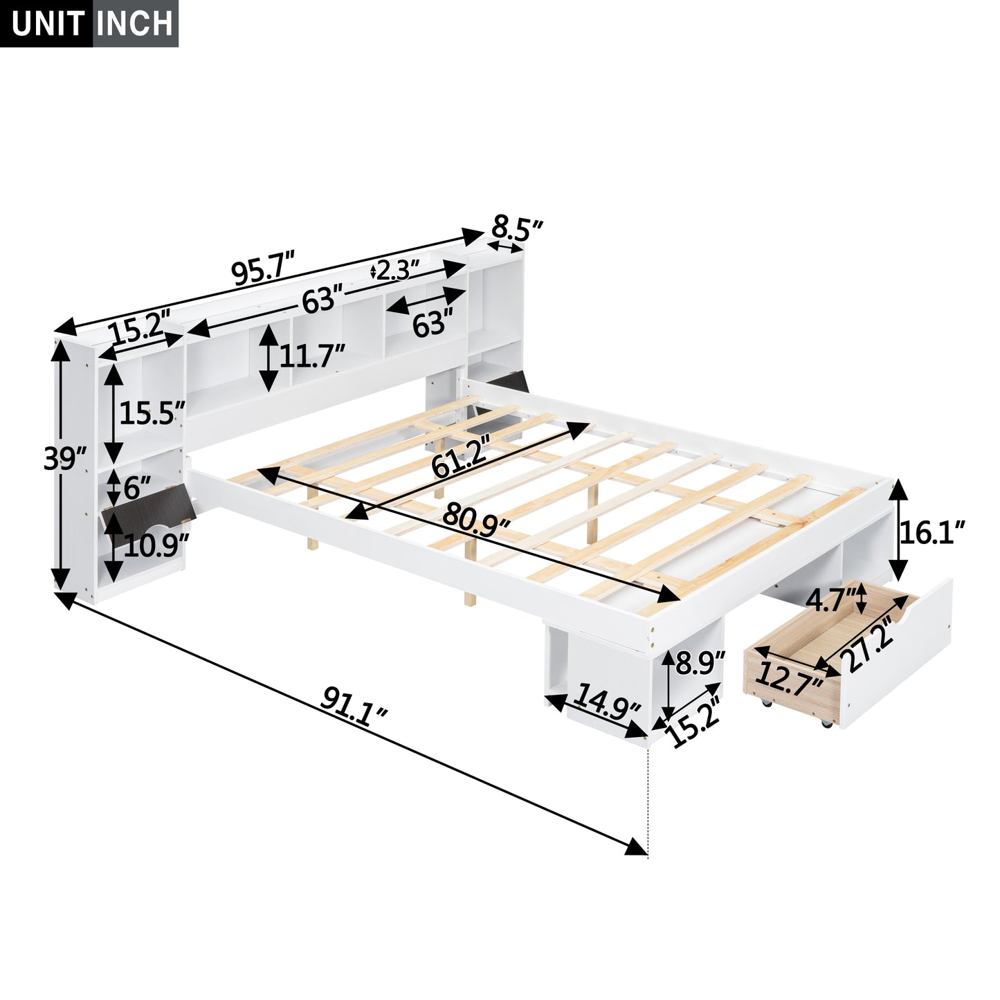 Queen Size Wood Platform Bed with Multi-storage Headboard and a Drawer, White