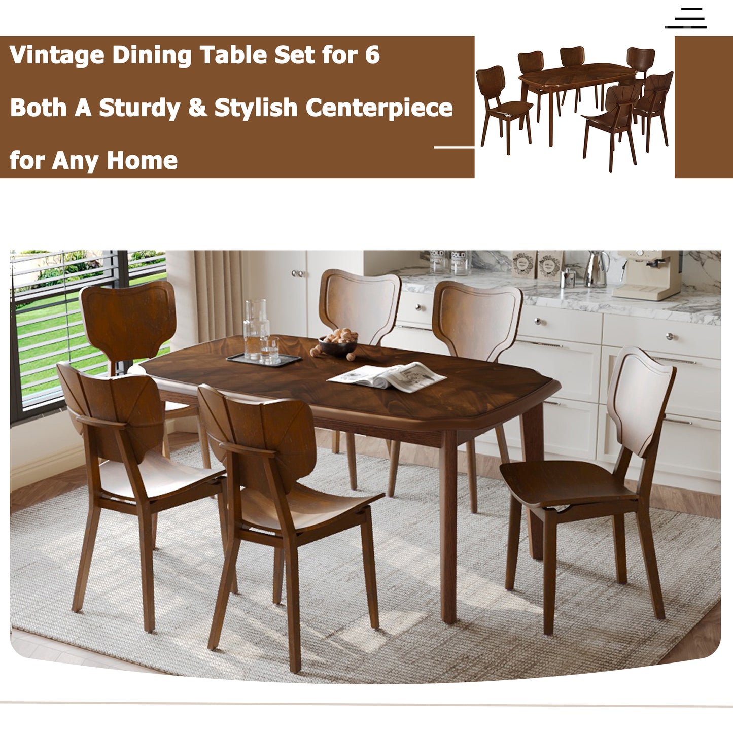 TOPMAX Vintage 7-Piece Dining Table Set with 6 Dining Chairs,Kitchen Table Set for 6 with Curved Back and Seat, Espresso