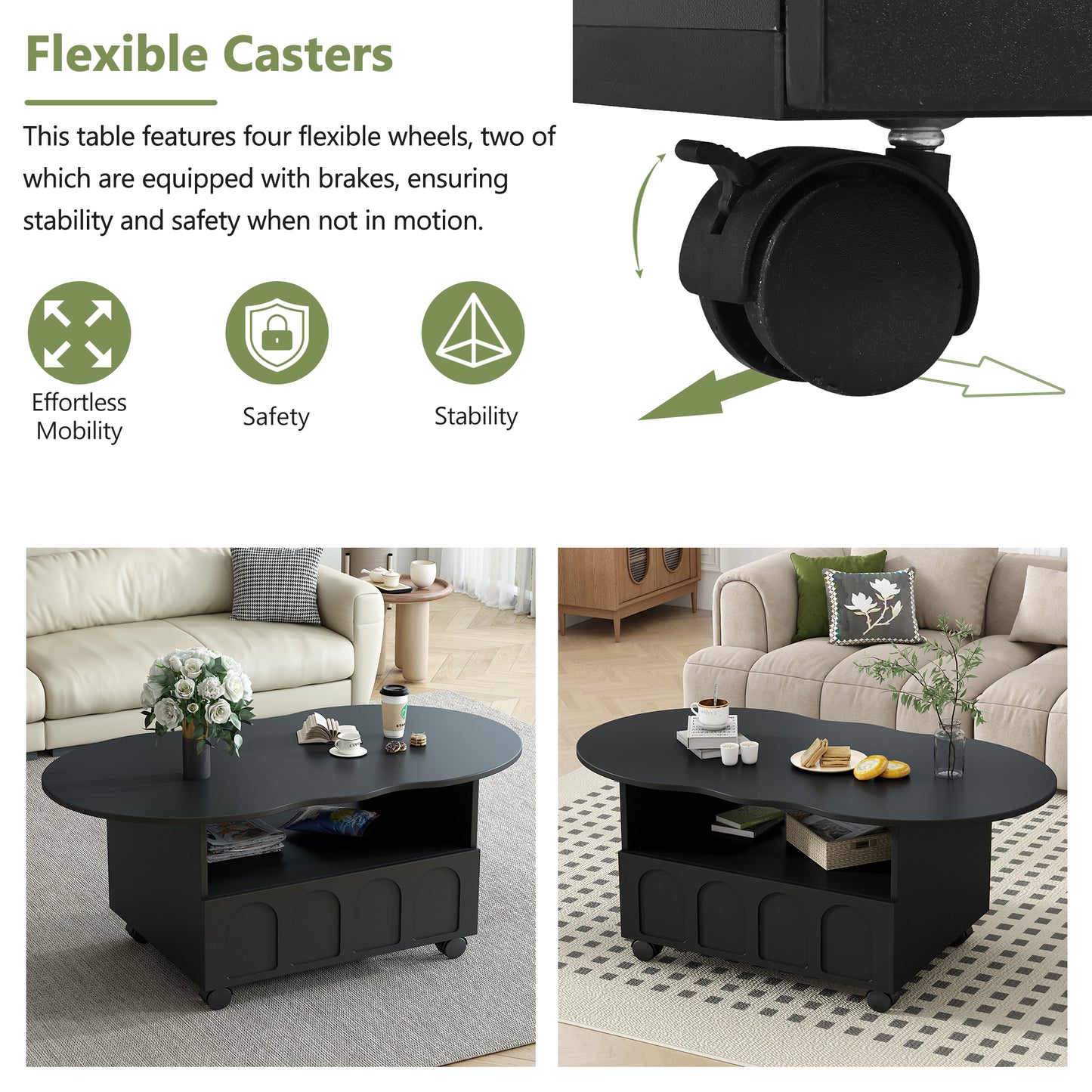 ON-TREND Flexible Cream Style Coffee Table with 2 Brake Wheels, Cloud Top Side Table with Drawer, Irregular Center Table with Large Storage for Living Room, Black, 39.37''x 23.6''