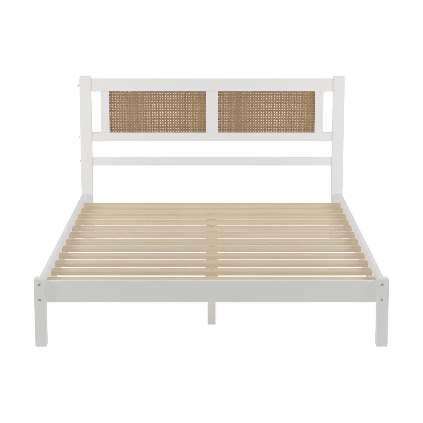 3-Pieces Bedroom Sets Queen Size Wooden Platform Bed with Natural Rattan Headboard, Nightstands Set of 2 with Rattan-Woven Surfaces and Three Drawers for Bedroom, White