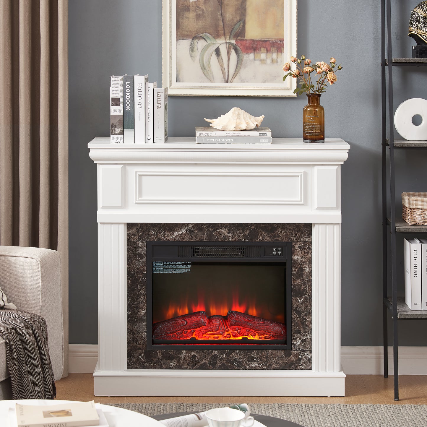 Electric Fireplace with Mantel,fireplace mantel surround with 23" Fireplace Insert, Adjustable Flame, Remote Control-White,41.34"W*14"D*40"H