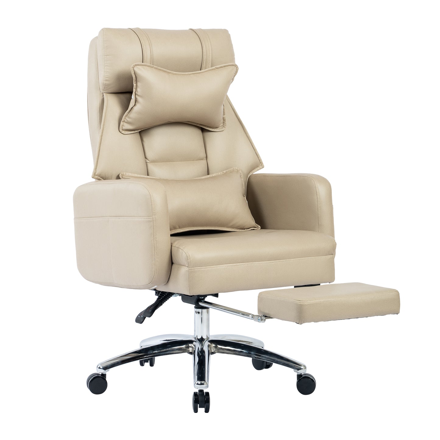 Swivel Ergonomic Office Chair, Technology Leather High Back Office Chair with Lumbar Support Headrest, Sedentary Comfortable Boss Chair, 155° Reclining Computer Chair (Color : Beige)