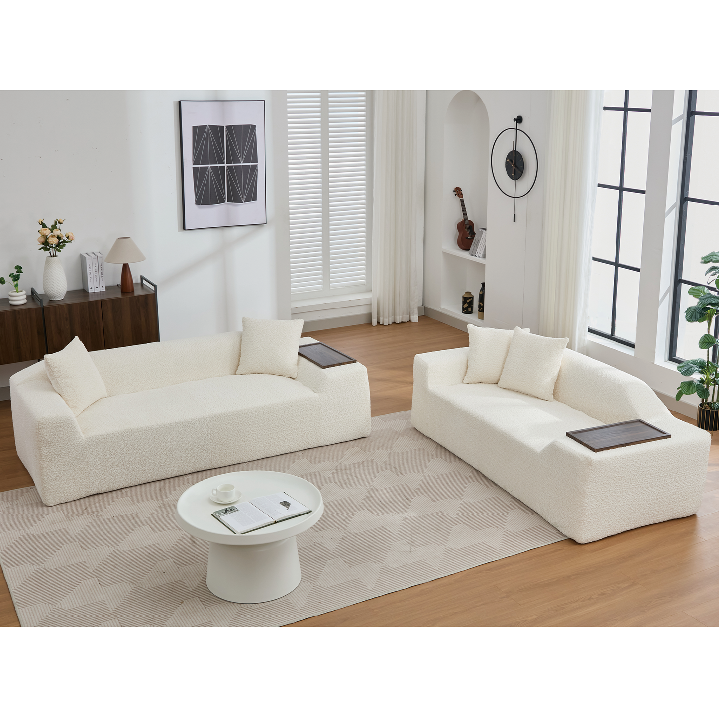 [NEW ARRIVED] [VIDEO PROVIDED]2 Piece Boucle Cloud Sofa Set, Upholstered Sofa Set, Modern 3 Seater and 2 Seater Sofa with MDF End Table for Living Room ,Apartment,3+2 couch,Boucle,Beige