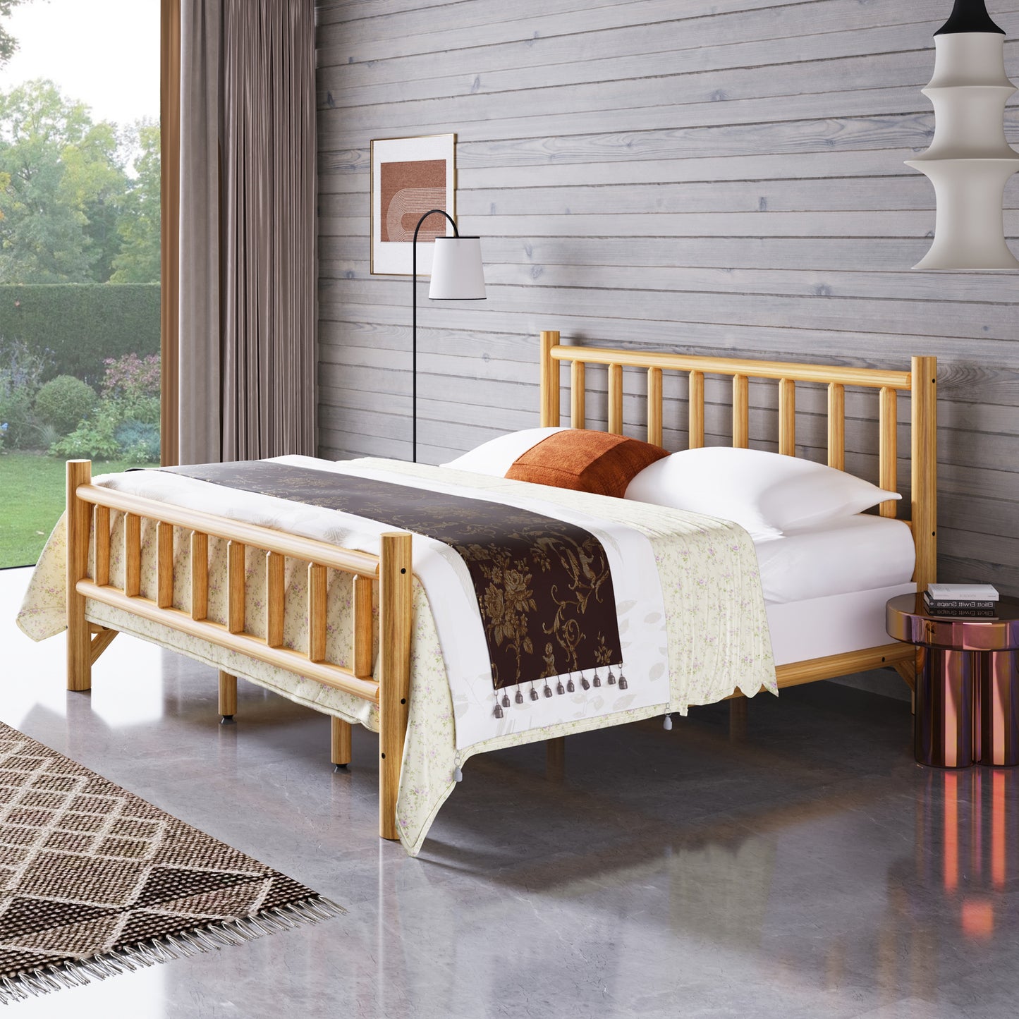 Farmhouse Log Bed Frame King Rustic Style Pure Solid Pine Cylinder Construction Bed Fits Mattresses and Box Springs, Natural Finish