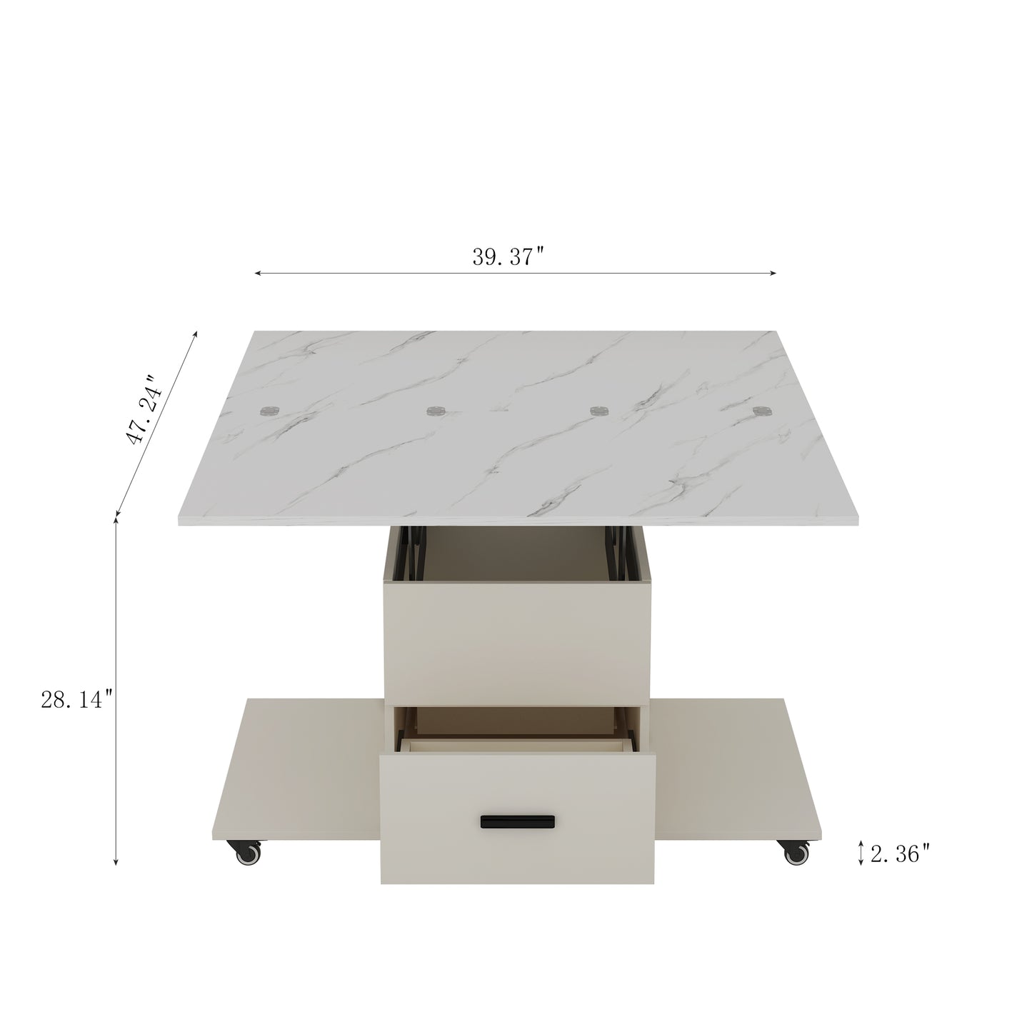 Modern Lift-Up Coffee Table with 4 Stools Set for Living Room Expandable 1 Hidden Storage + 2 Drawers Space Saving Folding Dining Table