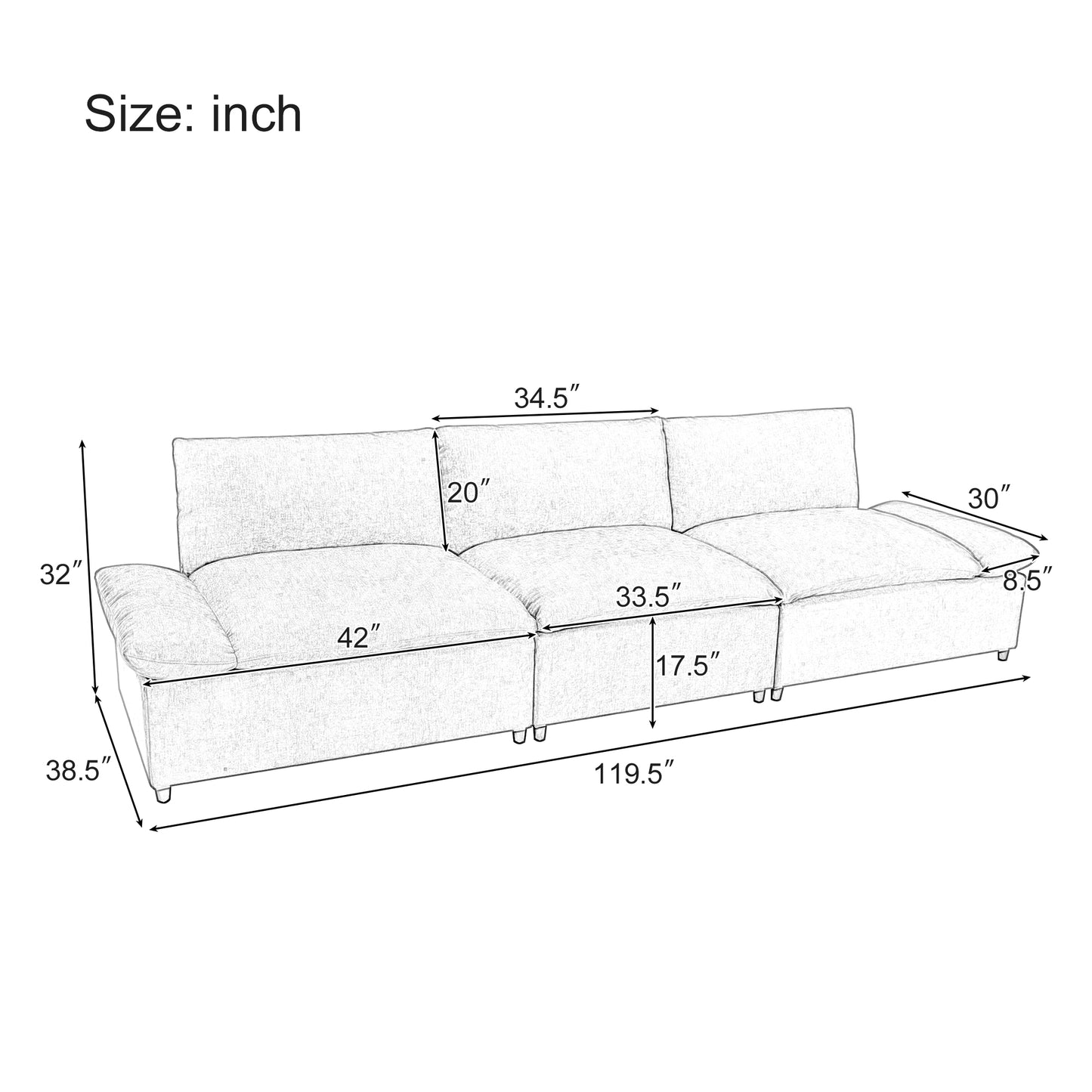 U_STYLE 119.5'' 3 Seater Sofa with 2 Storage Units , for Living Room, Office, Apartment