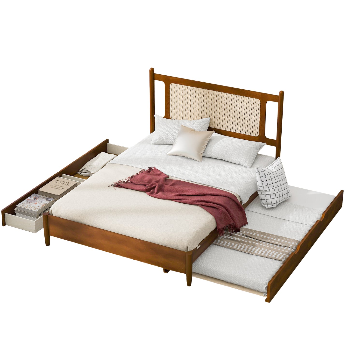 Queen Size Wooden Rattan Platform Bed, with 2 Big Drawers, T Size Trundle, Brown