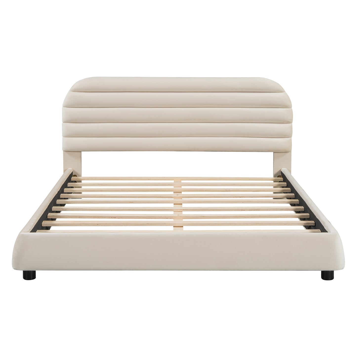 Queen Size Velvet Upholstered Platform Bed,Solid Frame and Stylish Curve-shaped Design, Beige