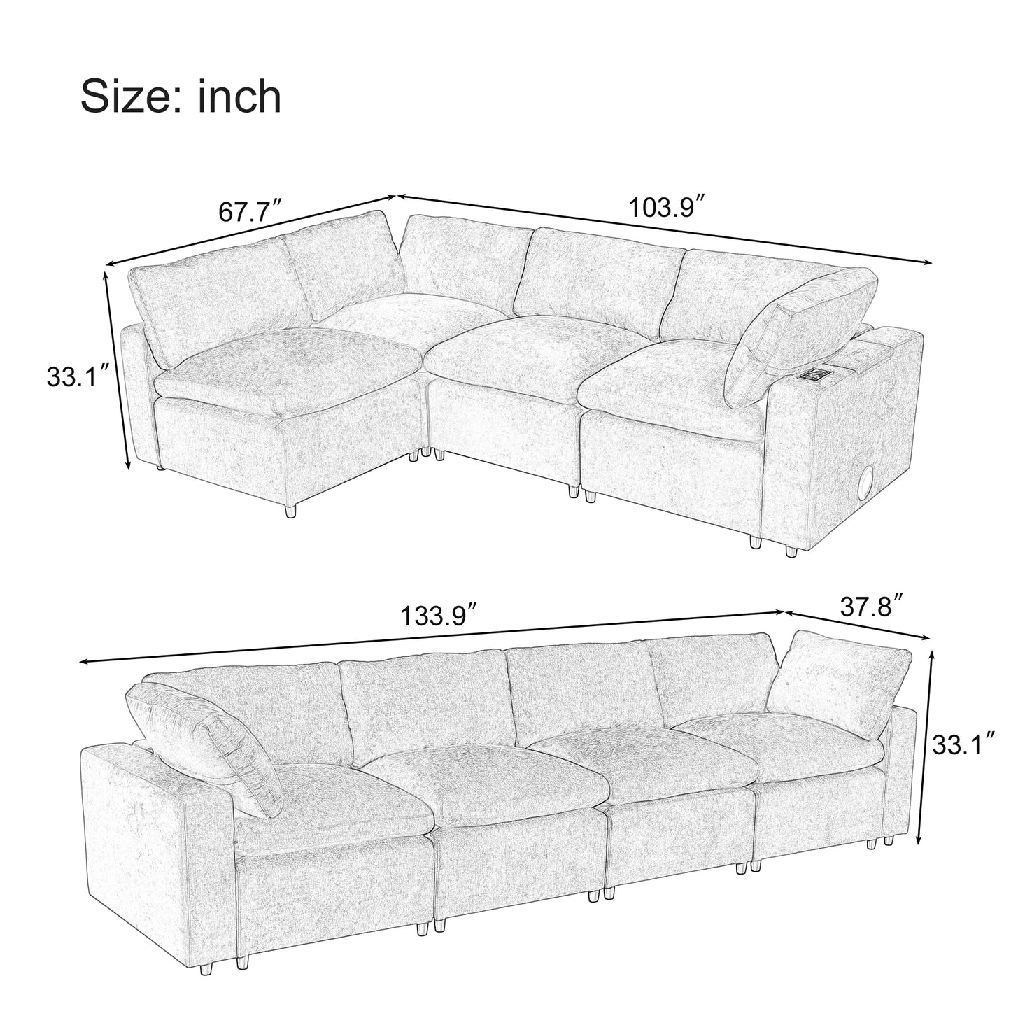 U-style Upholstered Modular Sofa with with Storage Space, USB Charge Ports,Wireless Charging and Built-in Bluetooth Speaker in Arm,Sectional sofa for Living Room Apartment.[old sku:WY000317AAA]