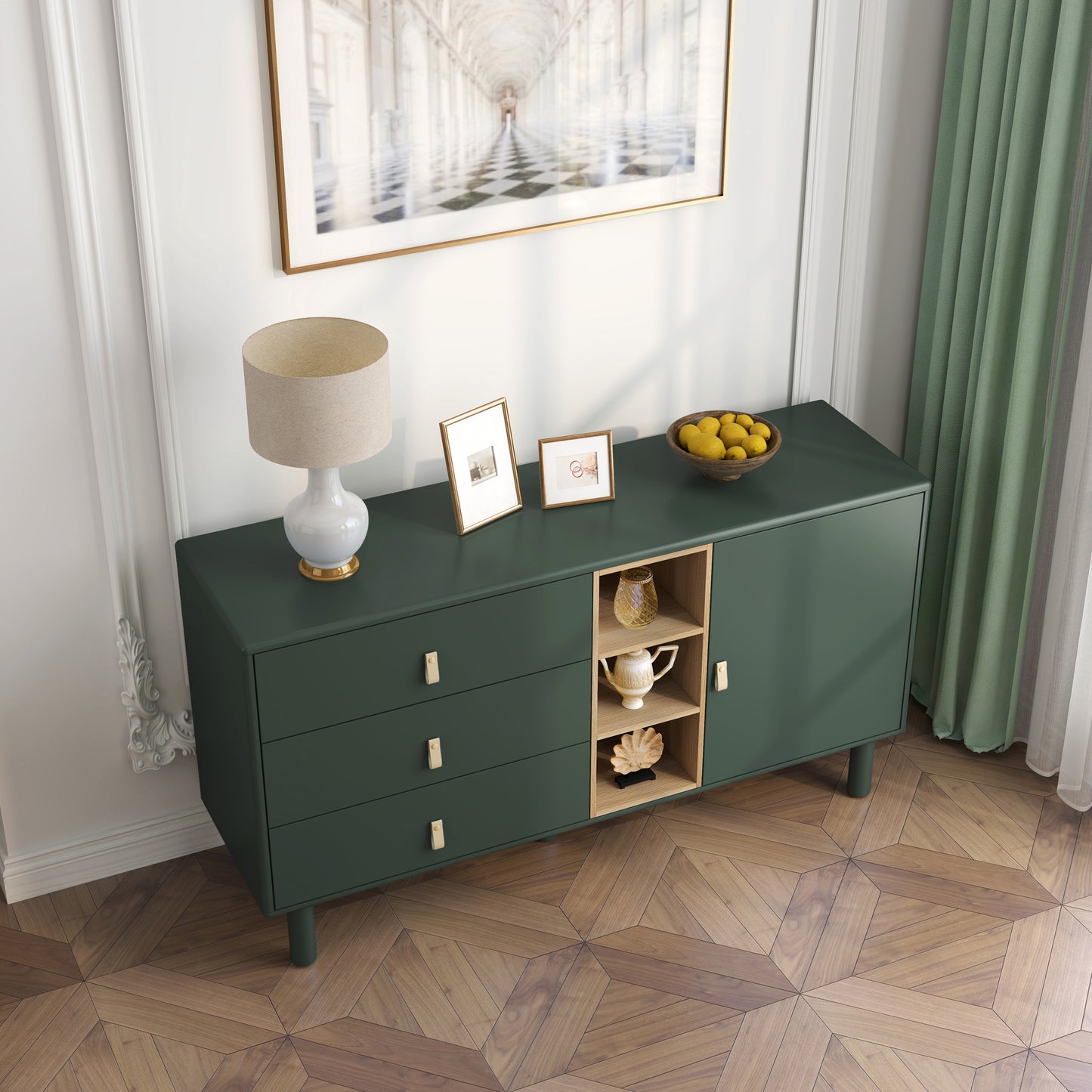 （缺货）Storage cabinet with doors and drawers, chest of drawers, multifunctional storage cabinet, modern chest of drawers, wooden storage cabinet, leather handle drawer chest, home storage cabinet, office ch