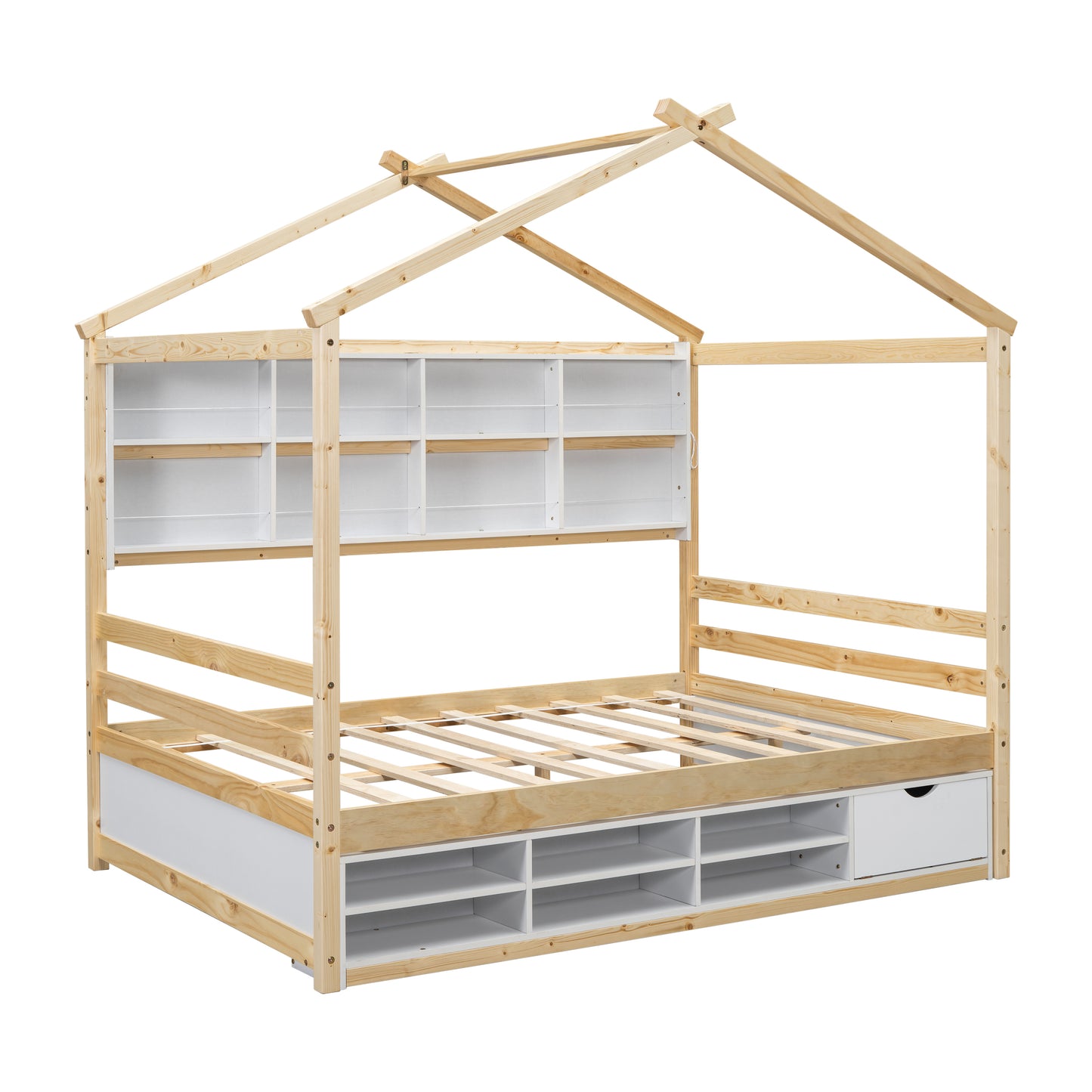 Full House Bed with Roof Frame, Bedside-shelves, Under Bed Storage Unit,Natural