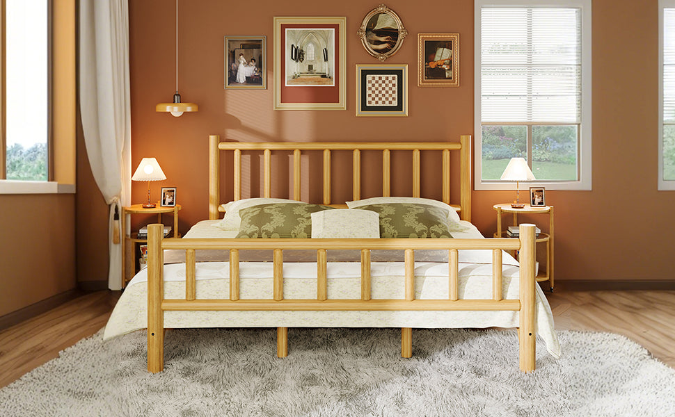 Farmhouse Log Bed Frame King Rustic Style Pure Solid Pine Cylinder Construction Bed Fits Mattresses and Box Springs, Natural Finish