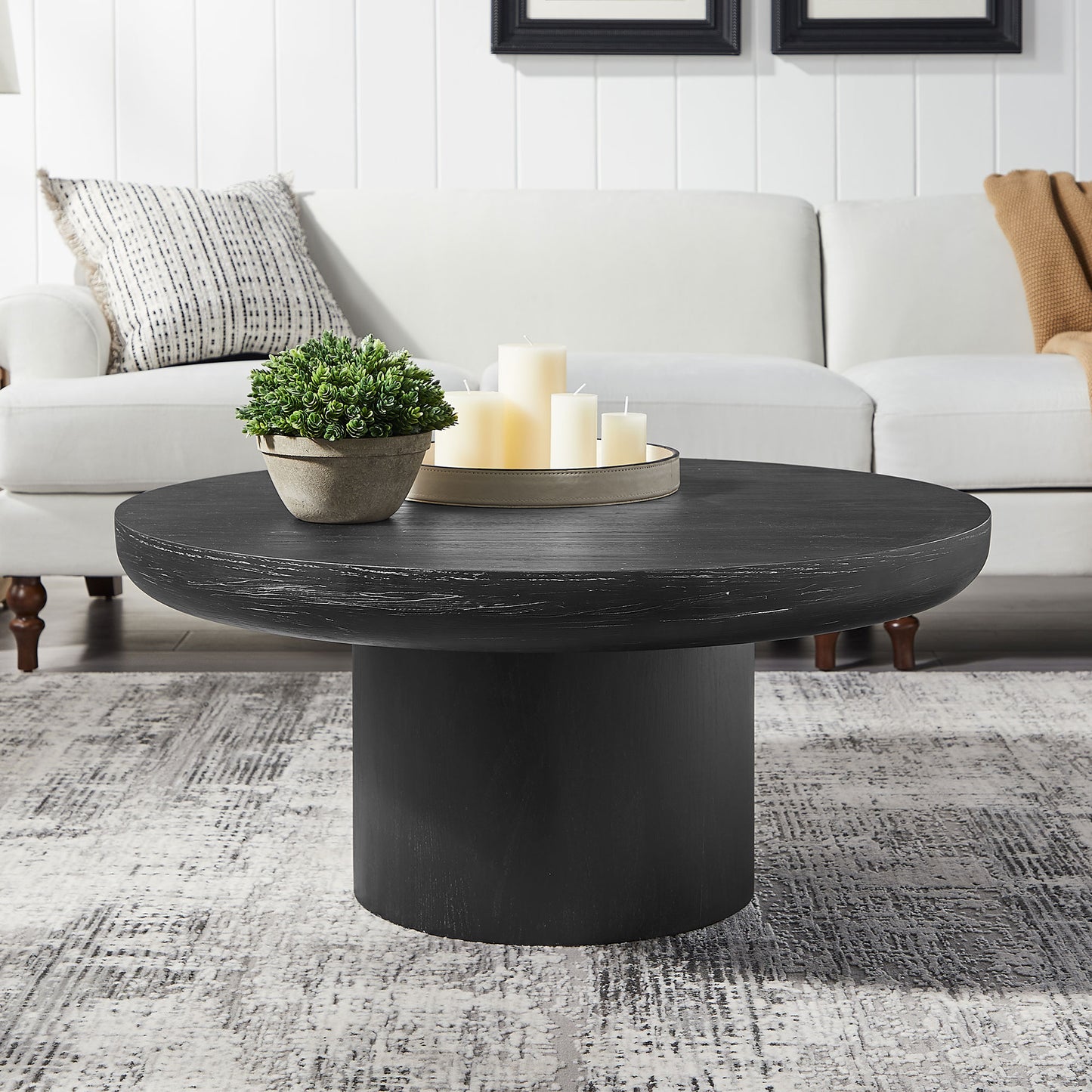 35.98inch Round Coffee Table with Cylindrical Leg,Wood Veneer Tabletop Table,Rounded Sofa Side Table for living Room Office,Black