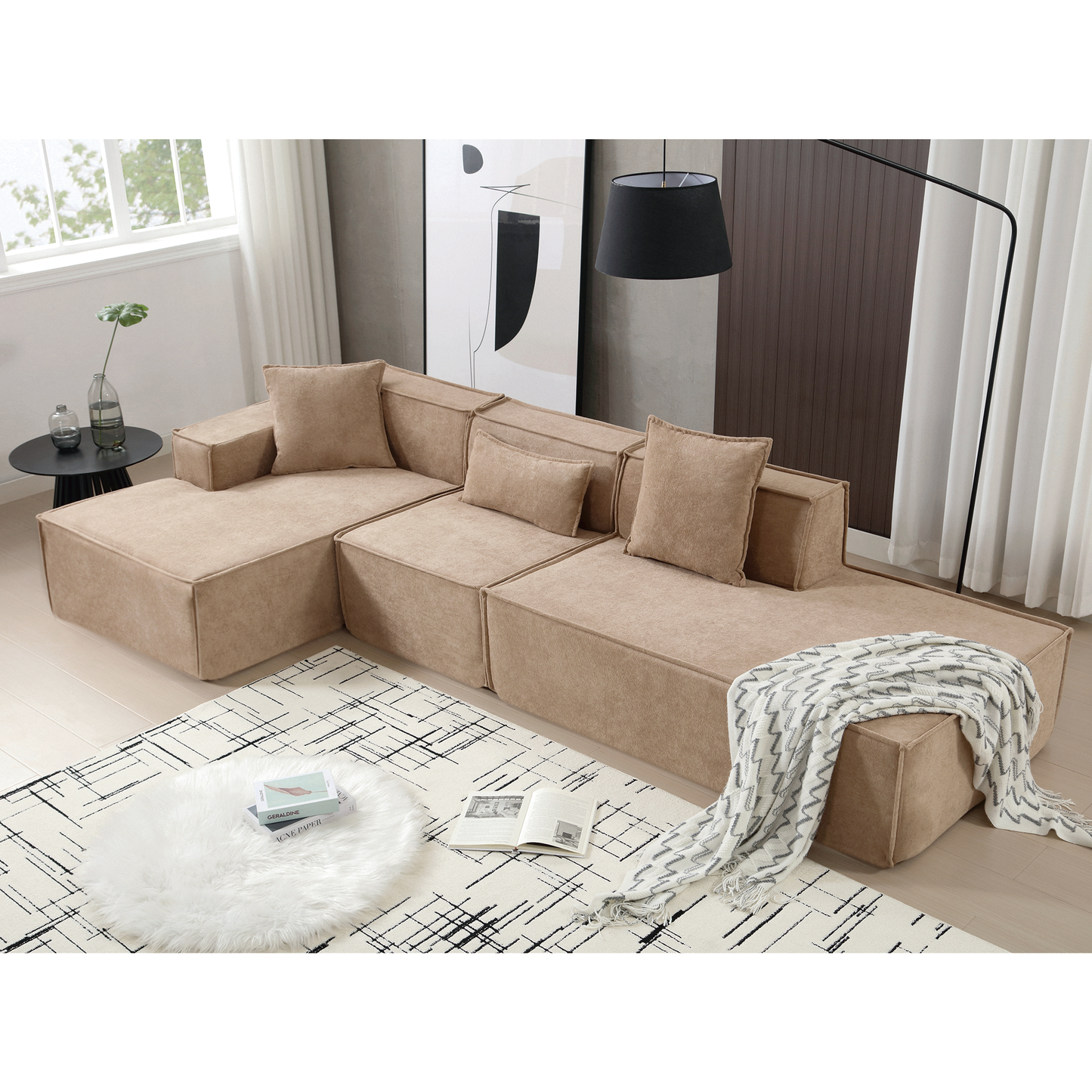 Modular combination living room sofa set, modern minimalist sofa, free installation sofa, L-shaped, Italian minimalist tofu block sofa, Left-Hand Facing, Light Brown