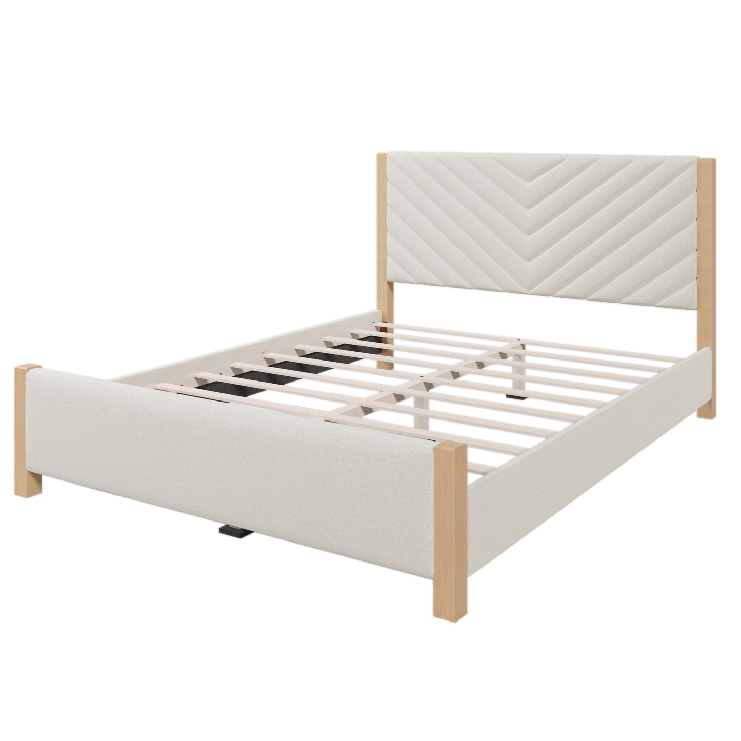 Modern Mid-Century Queen Upholstered Platform Bed Frame with Tufted Headboard and Solid Wood Legs,No Box Spring Needed,Beige