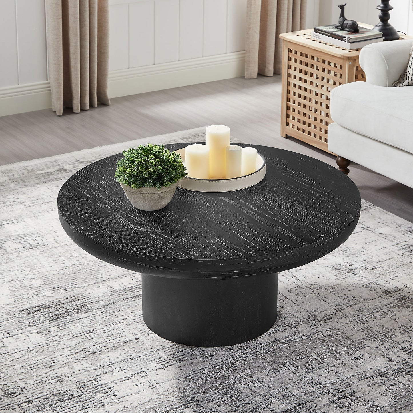 35.98inch Round Coffee Table with Cylindrical Leg,Wood Veneer Tabletop Table,Rounded Sofa Side Table for living Room Office,Black