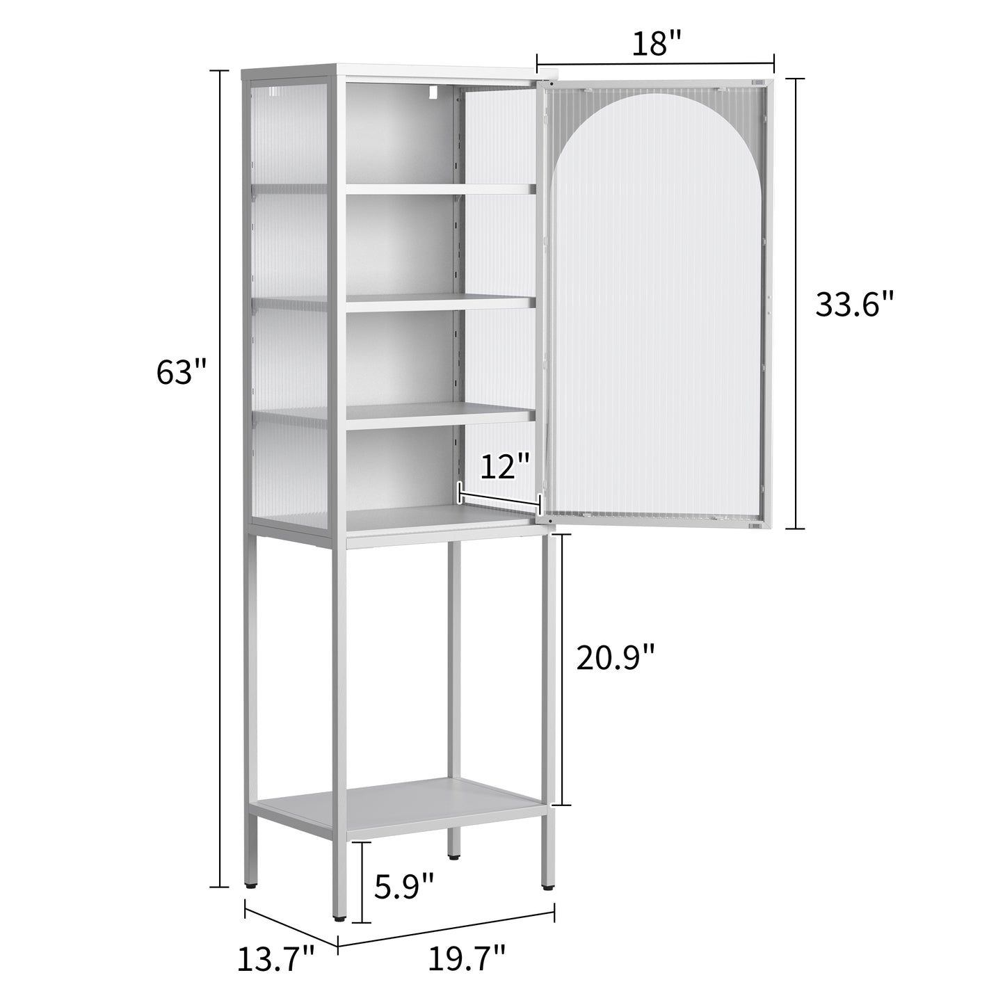 Metal Glass Door Display Storage Cabinet - 5-Tier Cube Bookshelf Storage Cabinet with 3 Adjustable Shelves For kitchen, dining room, living room, bathroom, home office,White