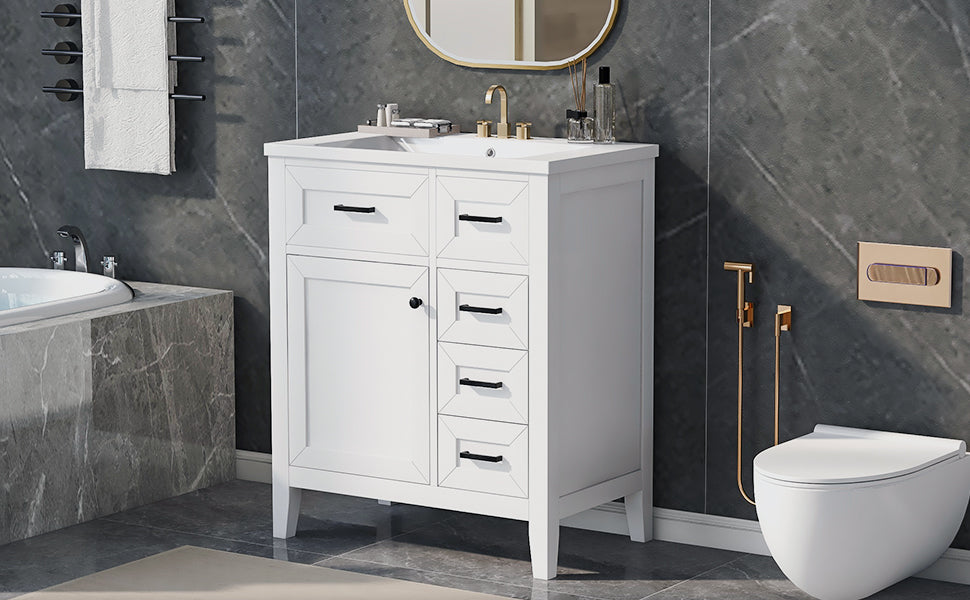 30" Bathroom Vanity with Sink Combo, White Bathroom Cabinet with Drawers, Solid Frame and MDF Board