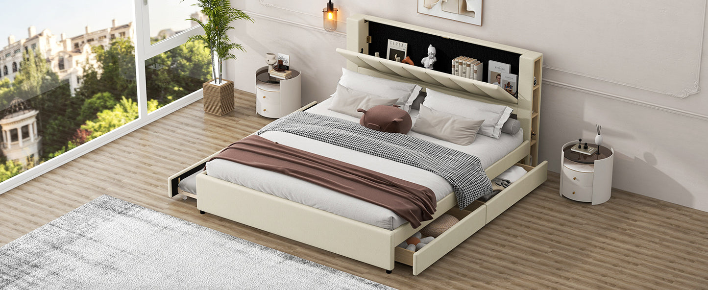 King Size Upholstery Platform Bed with Storage Headboard, 2 Drawers and Trundle,Beige