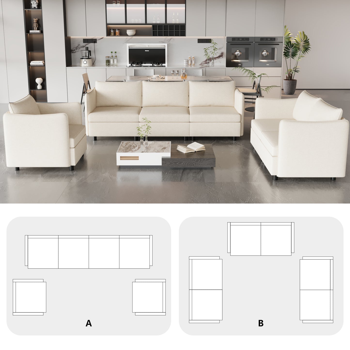 Modular Sectional Sofa, Convertible Sofa Seat With Storage, Sets Including Three seater Sofa & Couches,Loveseat and Single Chair (1+2+3 Seat) for Living Room