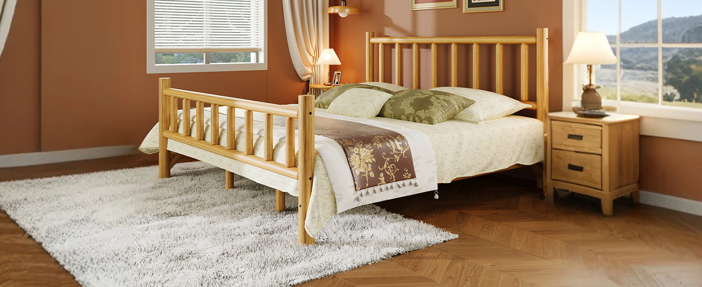 Farmhouse Log Bed Frame King Rustic Style Pure Solid Pine Cylinder Construction Bed Fits Mattresses and Box Springs, Natural Finish