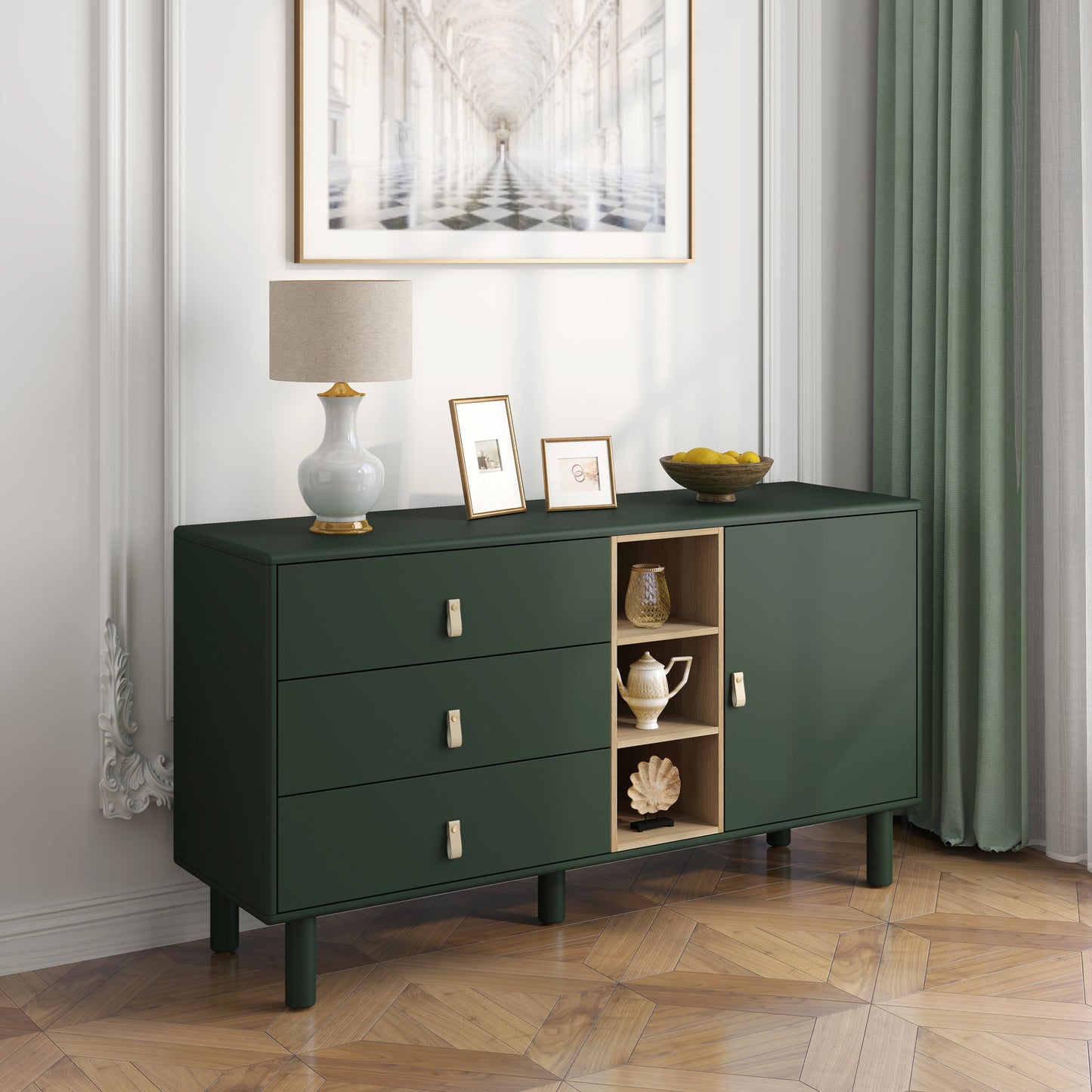 （缺货）Storage cabinet with doors and drawers, chest of drawers, multifunctional storage cabinet, modern chest of drawers, wooden storage cabinet, leather handle drawer chest, home storage cabinet, office ch