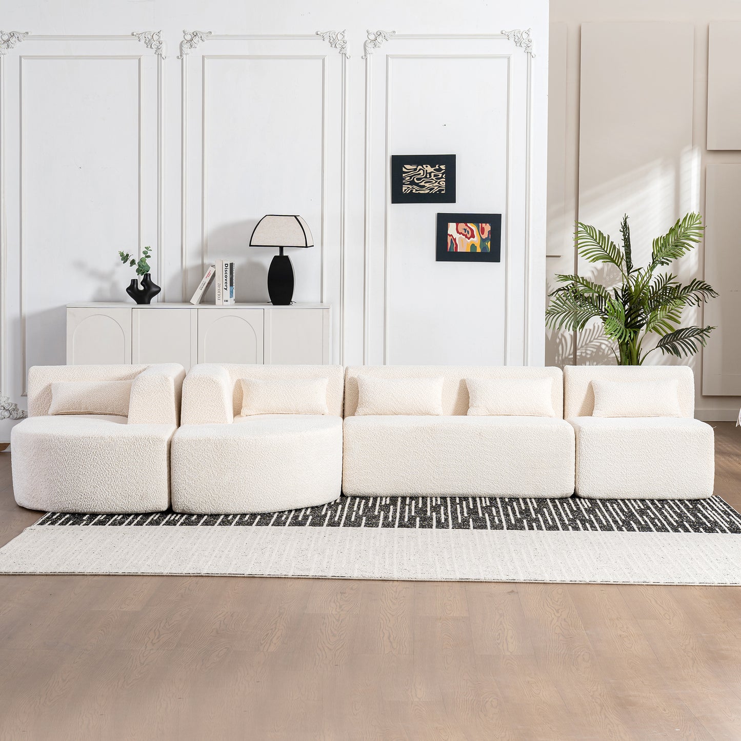 143.7" Upholstered Sofa Free-combined Sofa Couch with Two Chaise Lounge and Five Back Pillows for Living Room, Beige