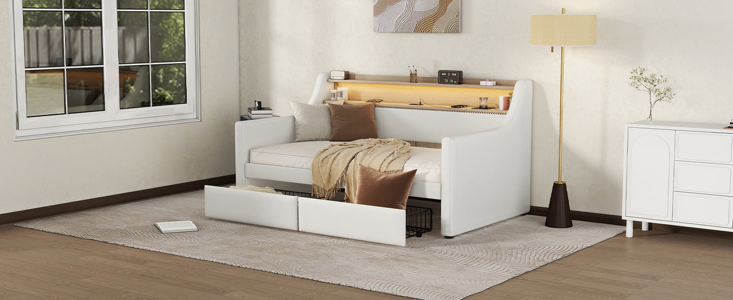 Twin Size Daybed with Storage Drawers, Upholstered Daybed with Charging Station and LED Lights, White