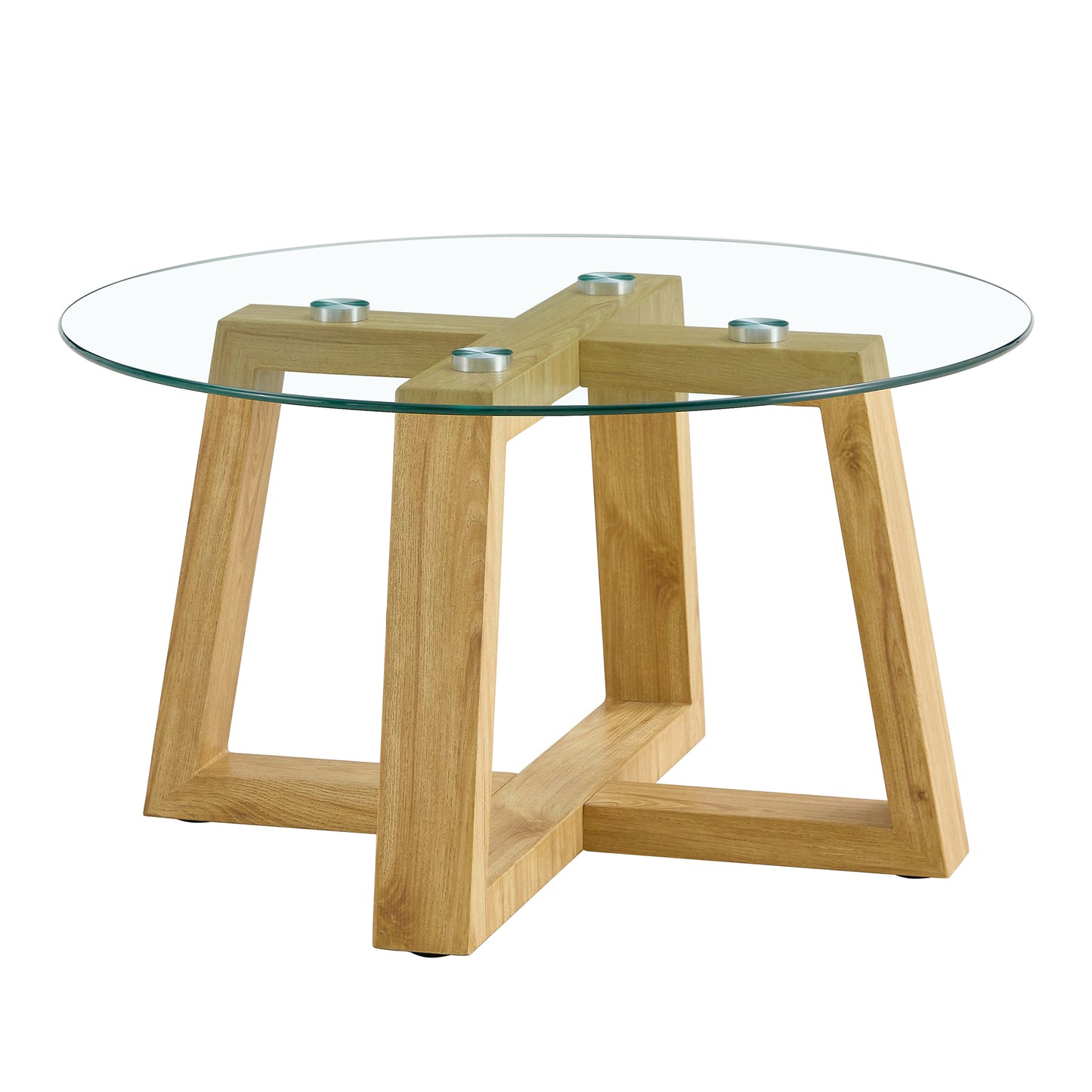 Modern practical circular coffee tables. Made of transparent tempered glass tabletop and wood colored MDF material. Suitable for living rooms and bedrooms.31.5"*31.5"*17.7"