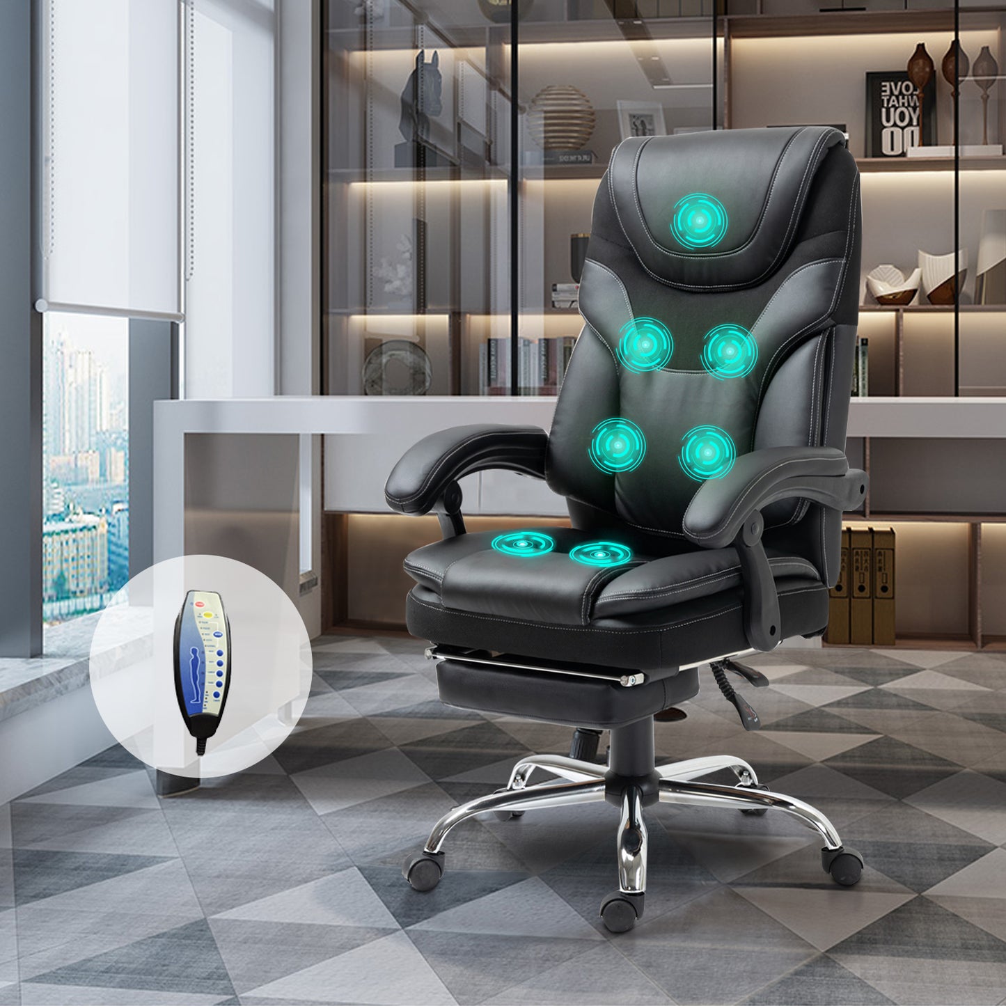 （缺货）Massage Reclining Office Chair with Footrest, High Back Computer Chair Home Desk Ergonomic Executive Office Chair with Armrests, Adjustable Height.