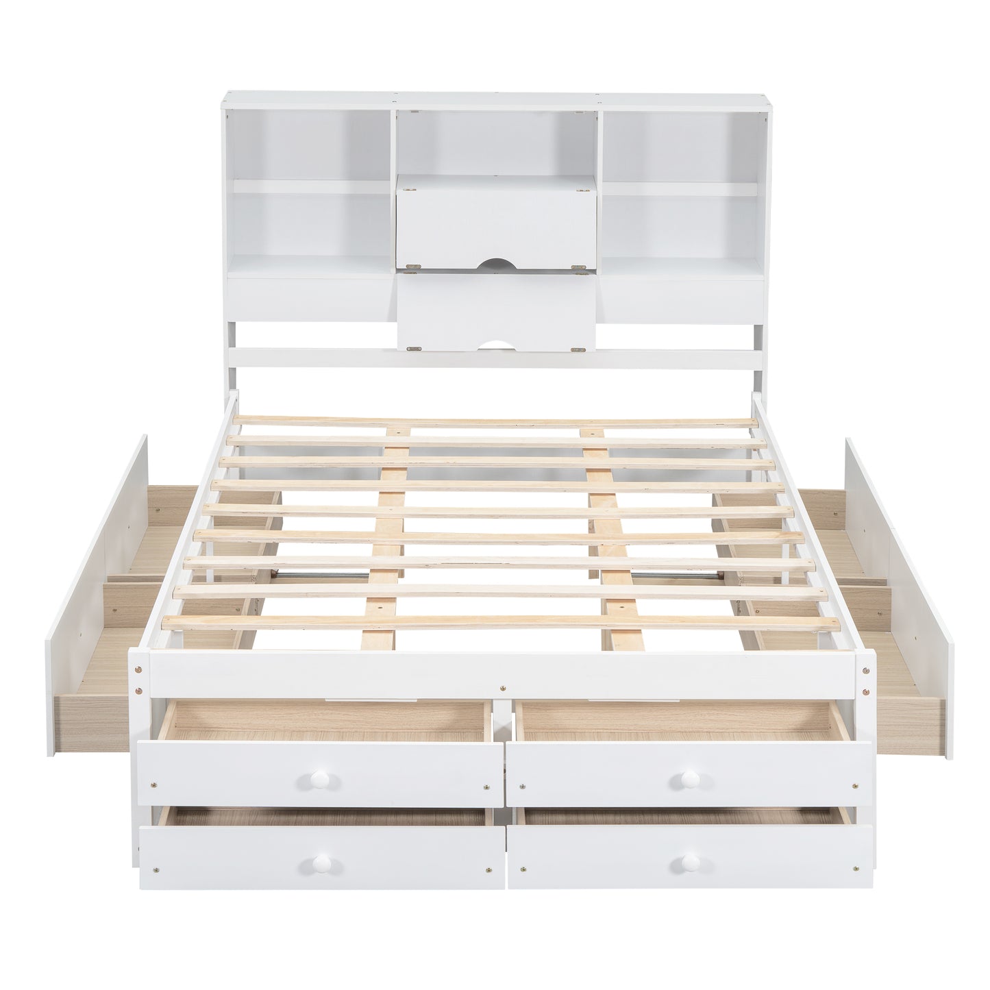 （缺货）King Size Platform Bed with Storage Headboard and 8 Drawers, White