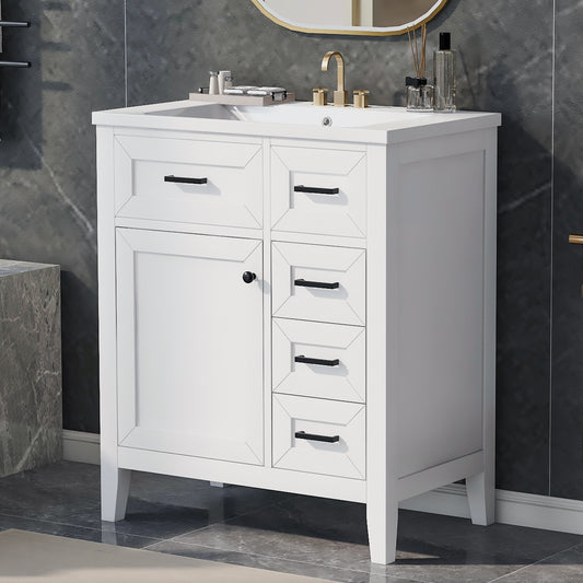 30" Bathroom Vanity with Sink Combo, White Bathroom Cabinet with Drawers, Solid Frame and MDF Board