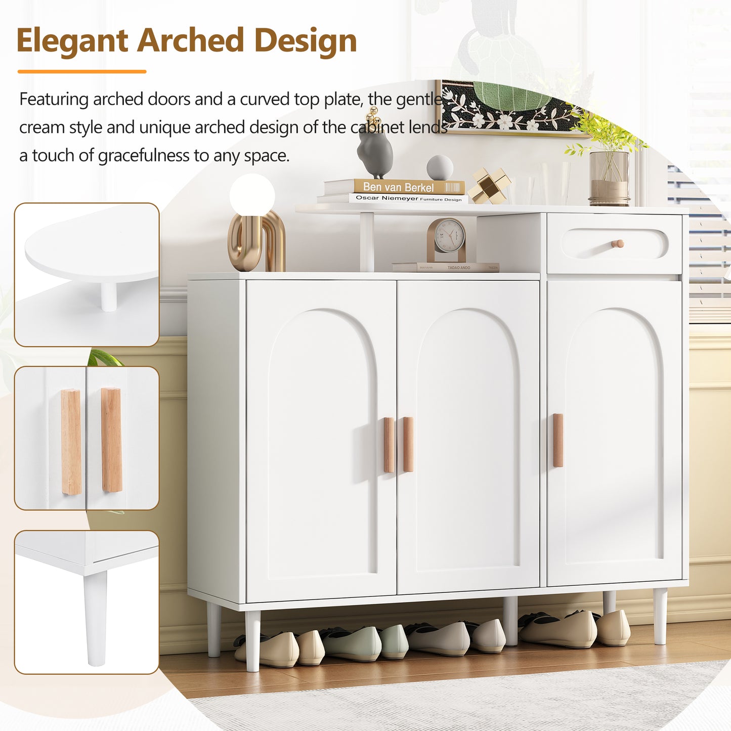 ON-TREND Elegant Shoe Cabinet with Arched Doors and Drawer, Cream Style Storage Sideboard with Adjustable Shelves and Solid Wood Legs for Entryway, Living Room, White