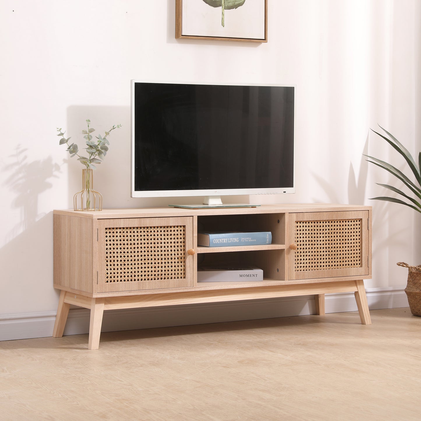 SUPERJARE Boho TV Stand for 55 Inch TV, Entertainment Center with Adjustable Shelf,Real Rattan TV Console with 2 Cabinets, Media Console, Solid Wood Feet, 2 Cord Holes, for Living Room - Natural