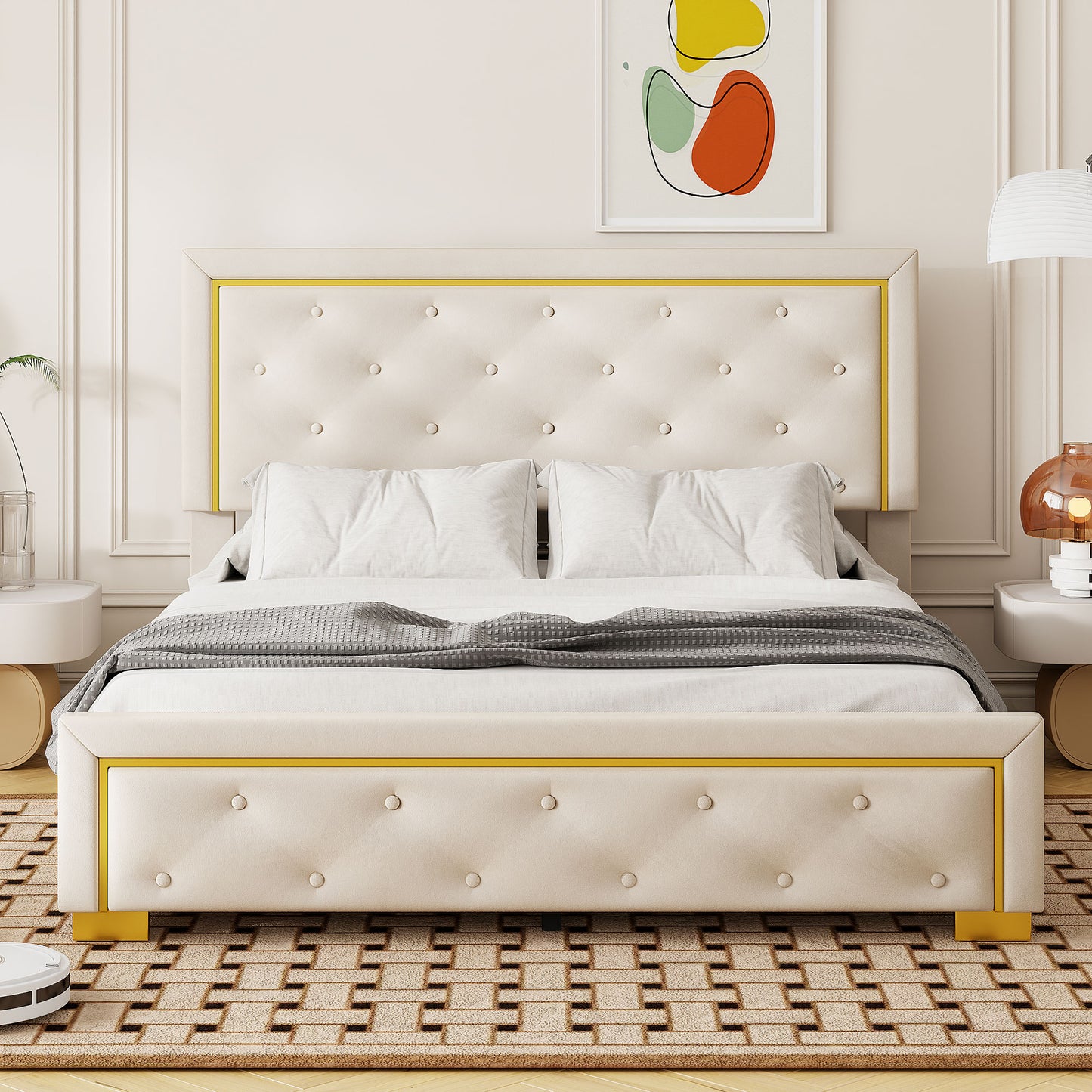 Queen Size Upholstered Platform Bed With Pull Point Headboard And Metal Wire Frame At The Head And Foot Of The Bed, Metal Feet, Velvet, Beige