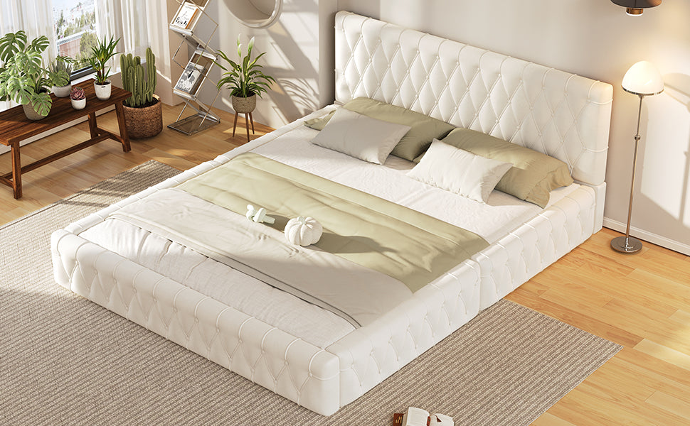 Queen Size Upholstered Bed with Tufted Headboard, Modern Velvet Platform Bed , No Box Spring Required, White