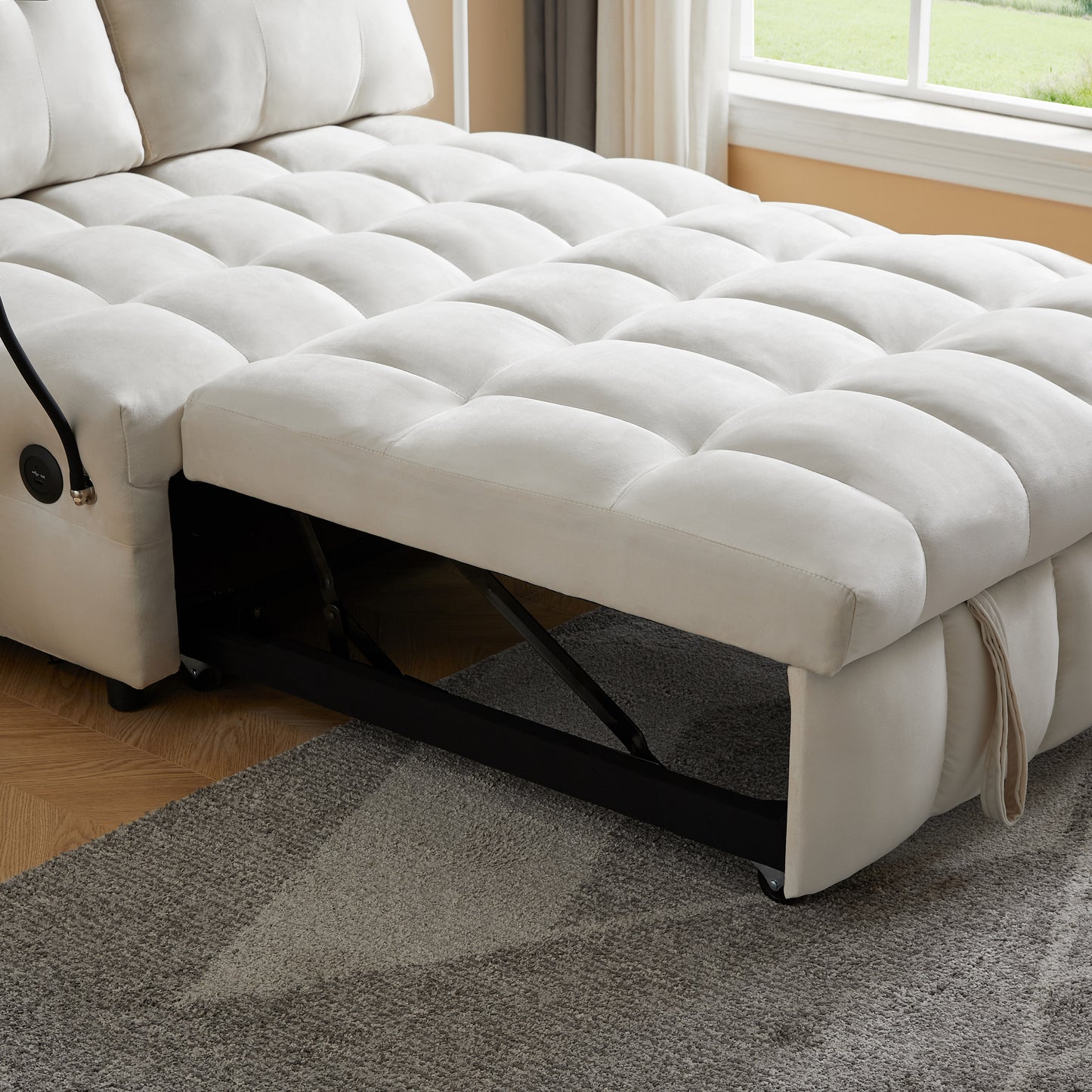 Modern sofa velvet pull-out bed,Independently removable backrest, have USB port and swivel phone stand ,beige