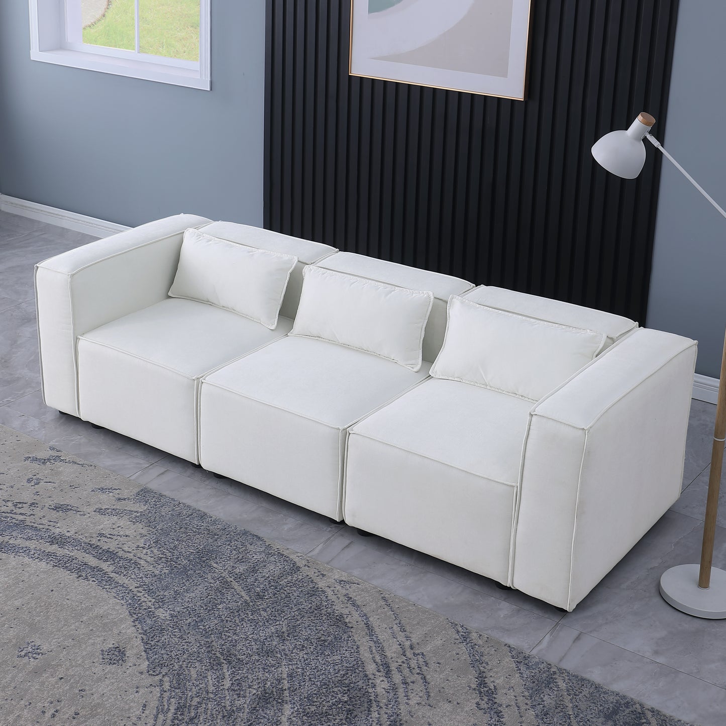 modular sofa BEIGE chenille fabric, simple and grand, the seat and back is very soft. this is also a KNOCK DOWN sofa