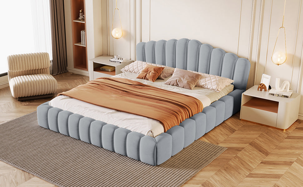 （缺货）Velvet Upholstered Queen Bed Floor Bed Frame Shell-Shaped Headboard for Bedroom,No Box Spring Needed,Light Blue