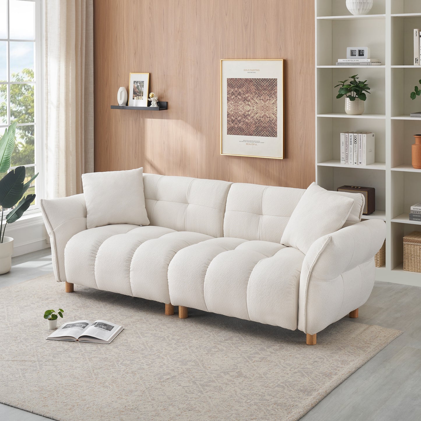 93.70 inches long, Teddy Sofa Fabric,with two matching pillows and three spacious and comfortable seats, for Apartment Office Living Room - Beige