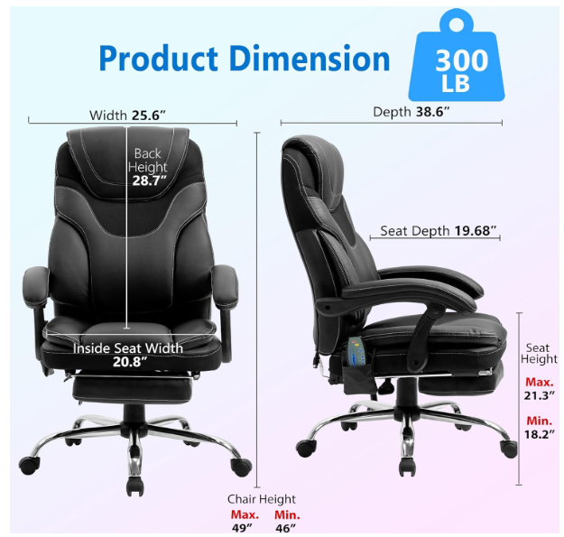 （缺货）Massage Reclining Office Chair with Footrest, High Back Computer Chair Home Desk Ergonomic Executive Office Chair with Armrests, Adjustable Height.