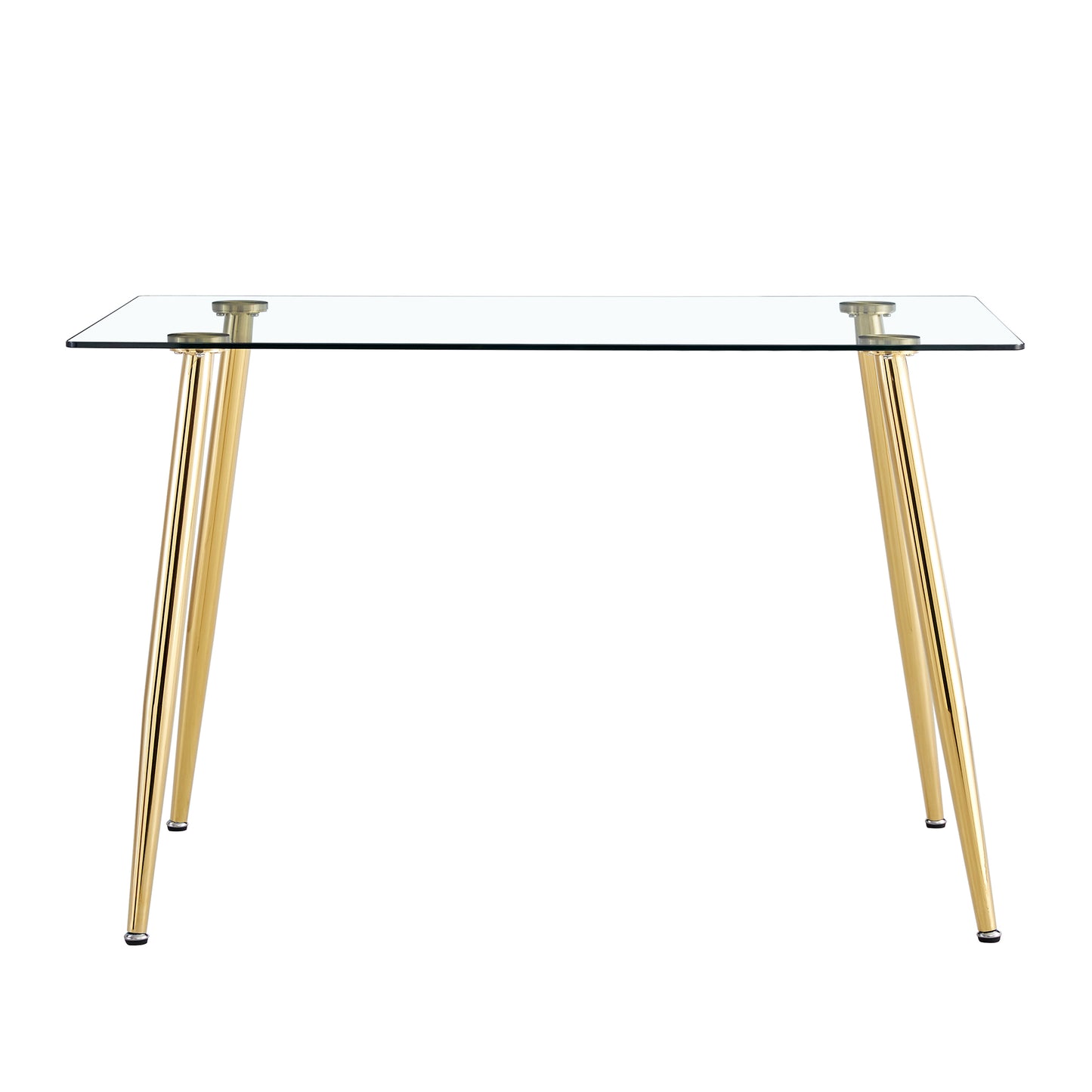 （预计2024-12-26 ~ 2025-01-02到货）Modern Minimalist Rectangular Glass Dining Table for 4-6 with 0.31" Tempered Glass Tabletop and Golden plating Metal Legs, Writing Table Desk, for Kitchen Dining Living Room, 51" *31"*30".F-1544