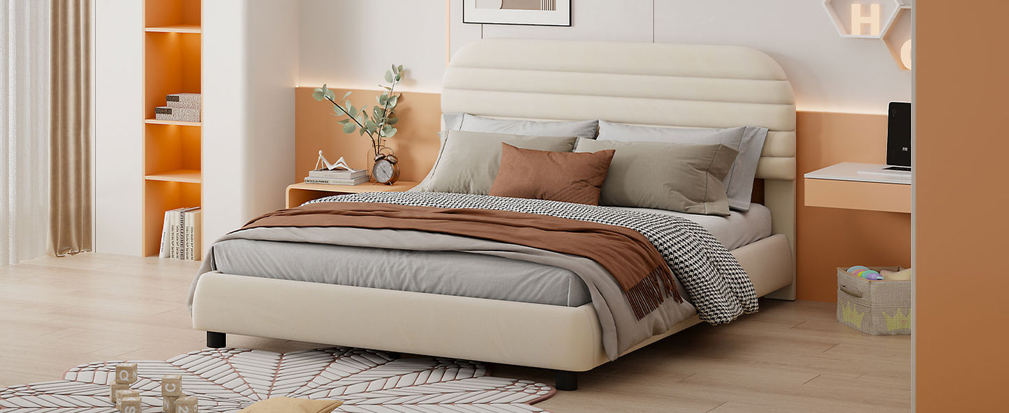 Queen Size Velvet Upholstered Platform Bed,Solid Frame and Stylish Curve-shaped Design, Beige