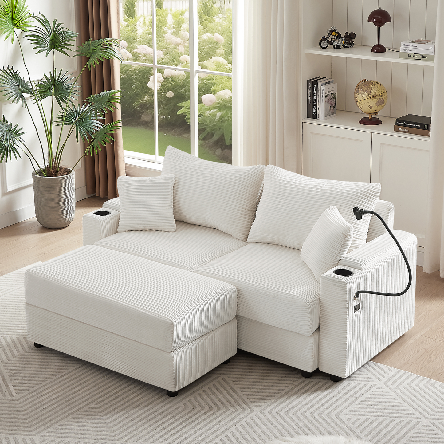 72.8" Modern Style Loveseat Sofa Sectional Sofa Couch with Storage Space, A Movable Ottoman, Two USB Ports, Two Cup Holders, A Phone Holder for Living Room, Beige